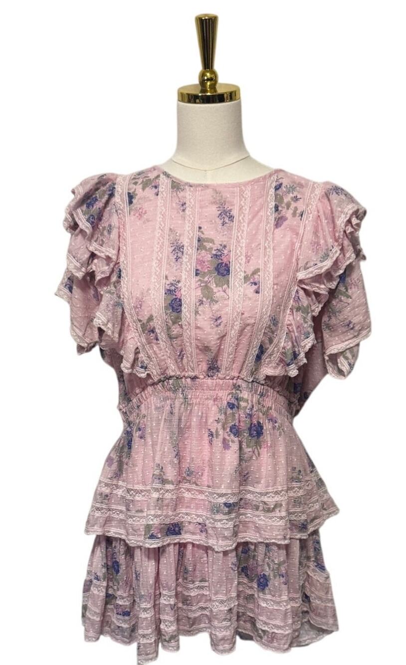 LoveShackFancy "Natasha" Dress in Juicy Plum, Tiered Lace Trim Mini, Size XXL